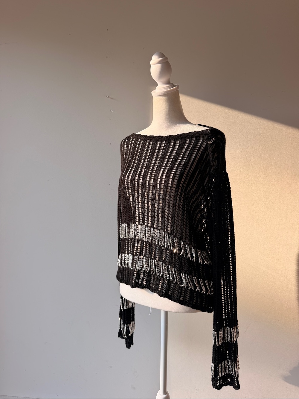 Zara Black Open-Weave Off-Shoulder Sweater with Sliver Beaded Details